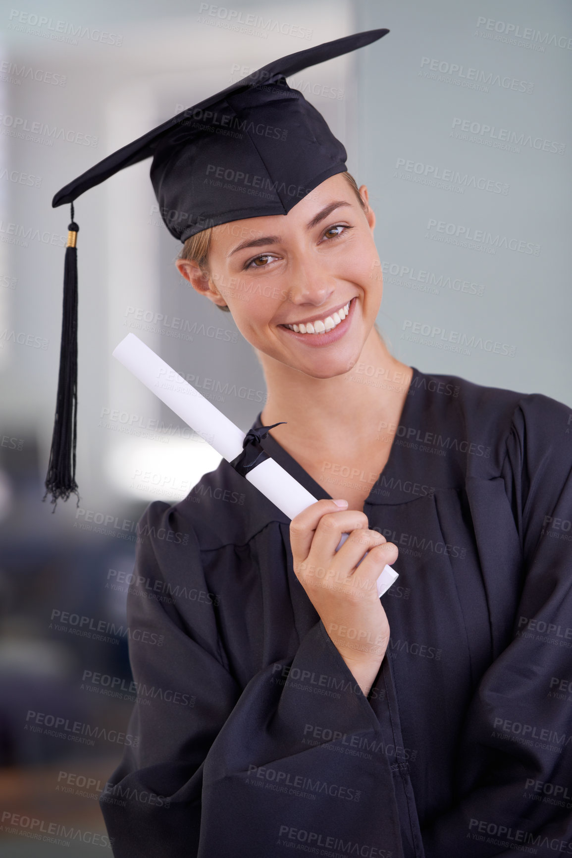 Buy stock photo Graduation, certificate and portrait of happy woman at university for scholarship in Canada. Face, graduate or smile of student with diploma for education, achievement or celebrate success at college