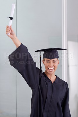 Buy stock photo Graduate, certificate and portrait of excited woman in celebration for success at college. Face, graduation and happy student with diploma for education, achievement or cheers for award in university