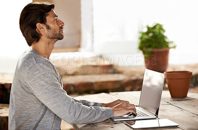 Buy stock photo Businessman, laptop and typing or research in cafe with remote work, copywriting or freelance employee. Entrepreneur, person and technology for email, writing and online planning in coffee shop