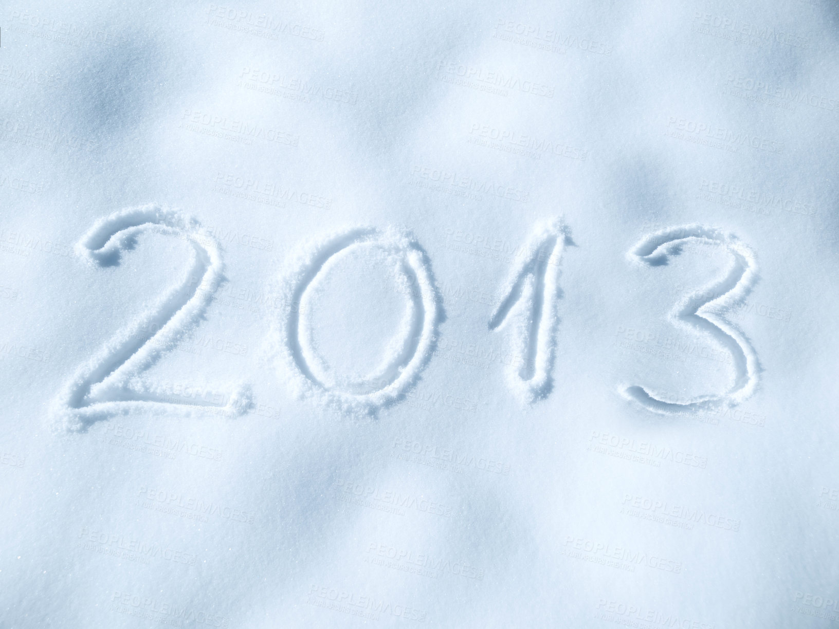 Buy stock photo Snow, numbers and ice outdoor on ground in winter for communication on social media. Writing, sign and drawing on field in nature with frozen background or written sketch for new year in 2013