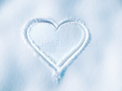 Buy stock photo Heart, drawing and shape on ground in snow for love, romance and outdoor in winter for mockup space. Icon, emoji and romantic art, sign or creativity in ice, nature or frozen Valentines Day holiday