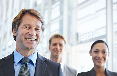 Buy stock photo Portrait, smile and team of business people in office together for collaboration, leadership or management. Face, partnership and teamwork with corporate employee group in professional workplace