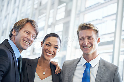 Buy stock photo Portrait, hug or business people with teamwork, legal aid or cooperation with confidence or corporate. Lawyers, group or manager with employees or attorney with embrace, professional or collaboration
