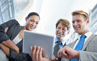 Buy stock photo Business people, tablet and consulting for project in office, collaboration and unity for proposal. Staff, workplace and teamwork for reading a report, support and online for review and networking
