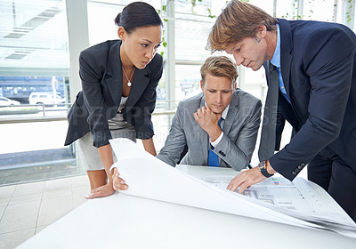 Buy stock photo Architect, teamwork and blueprint or project planning in corporate business, development or construction. People, colleagues and partnership at New York company or floor plan, building or maintenance