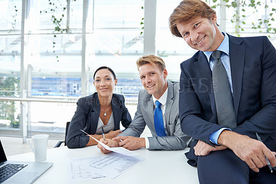 Buy stock photo Portrait, smile and business people in office with documents for meeting, planning or strategy, Collaboration, teamwork or partnership with corporate men and women in boardroom of workplace together