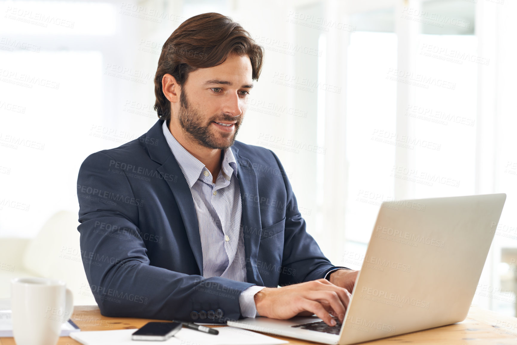 Buy stock photo Laptop, email and report with business man at desk in office, working on corporate review or feedback. Computer, internet or website with confident young employee typing information in workplace