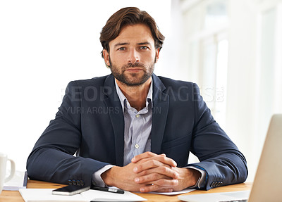 Buy stock photo Desk, laptop and portrait of businessman with pride, paperwork and serious financial analyst in office. Consultant, business advisor or man with computer, documents and research notes at startup.