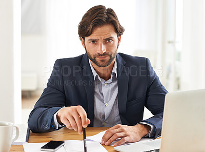 Buy stock photo Desk, laptop and portrait of businessman with anger, paperwork and serious financial analyst in office. Consultant, business advisor or frustrated man with computer, documents and notes at startup.