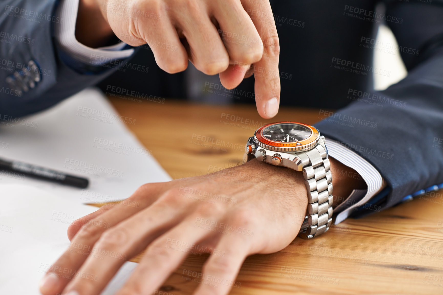 Buy stock photo Hands, desk and wristwatch to check time for deadline at office, paperwork and schedule for business. Closeup, interview and appointment for work with commitment, punctual and plan for meeting.