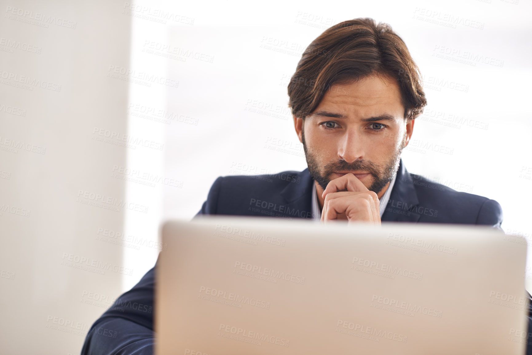 Buy stock photo Reading, research and businessman thinking on laptop with report on investment in stocks. Investor, planning and online decision on computer or review email, communication or project on website