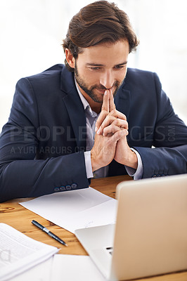 Buy stock photo Lawyer, man and office with laptop and thinking at work, smile and paperwork with information for court. Law firm, small business and document with idea for contract to report, case and regulation.