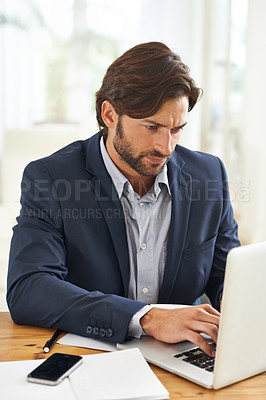 Buy stock photo Desk, laptop and businessman typing, thinking and research notes for financial analyst in office. Consultant, business advisor or professional man writing report, email and planning ideas for startup