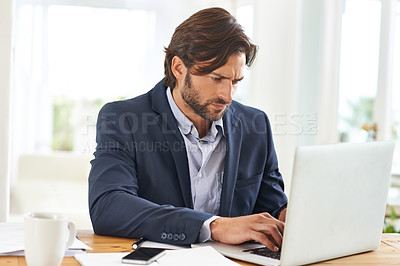 Buy stock photo Desk, laptop and businessman with research, thinking and paperwork and financial analyst in office. Consultant, business advisor or man typing email, writing report and planning ideas for startup.