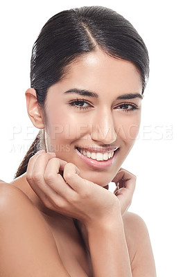 Buy stock photo Happy woman, portrait and natural beauty with cosmetics or dental care isolated on a white studio background. Female person or model smile with teeth in skincare, dermatology or facial spa treatment