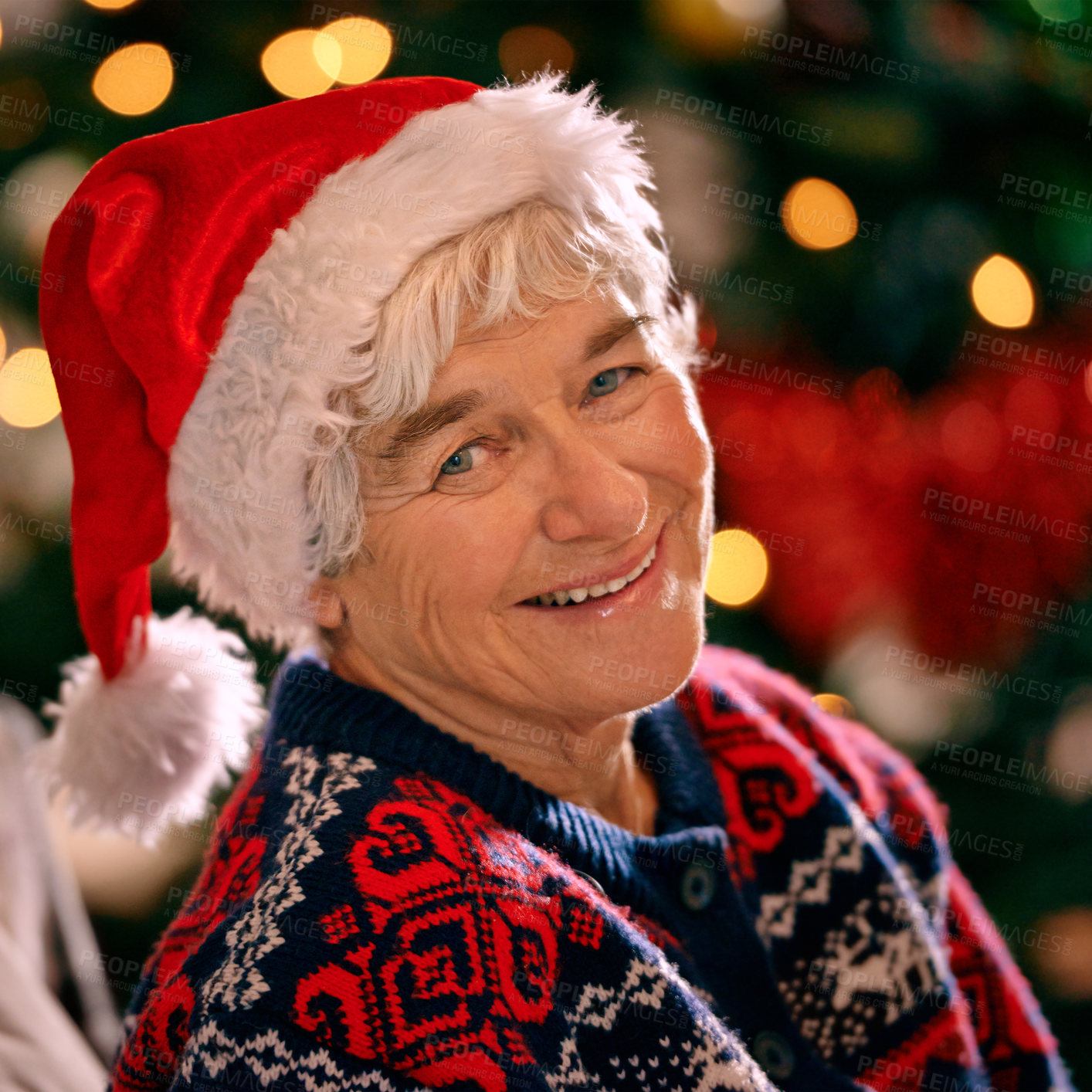 Buy stock photo Senior woman, portrait and tree for Christmas, old and grandma and smile with happiness. House, elderly female person and joy for holiday in living room, season and closeup for celebration in home