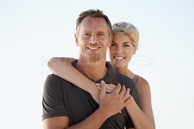 Buy stock photo Couple, love and hug together with portrait for relationship, commitment and happiness with trust. Man, woman and partnership with affection for romance, connection and dating for marriage with care