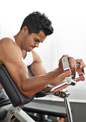 Buy stock photo Bench, weights and man with gym machine, exercise and challenge with endurance and progress. Bodybuilder, person and guy in a health center, strong and fitness with strength training and 