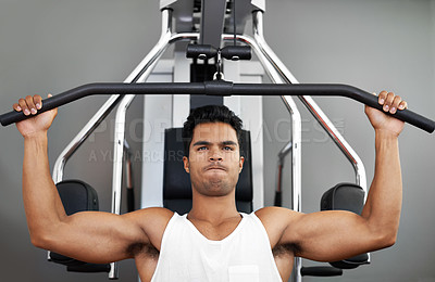 Buy stock photo Fitness, pull down machine and man in studio on gray background for training or workout at gym. Exercise, health or shoulder press and body builder with equipment for wellness, strength or power