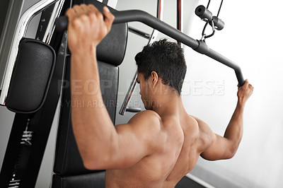 Buy stock photo Exercise, pull down machine and man in studio on gray background for training or workout at gym. Fitness, health or shoulder press and body builder with equipment for wellness, strength or power