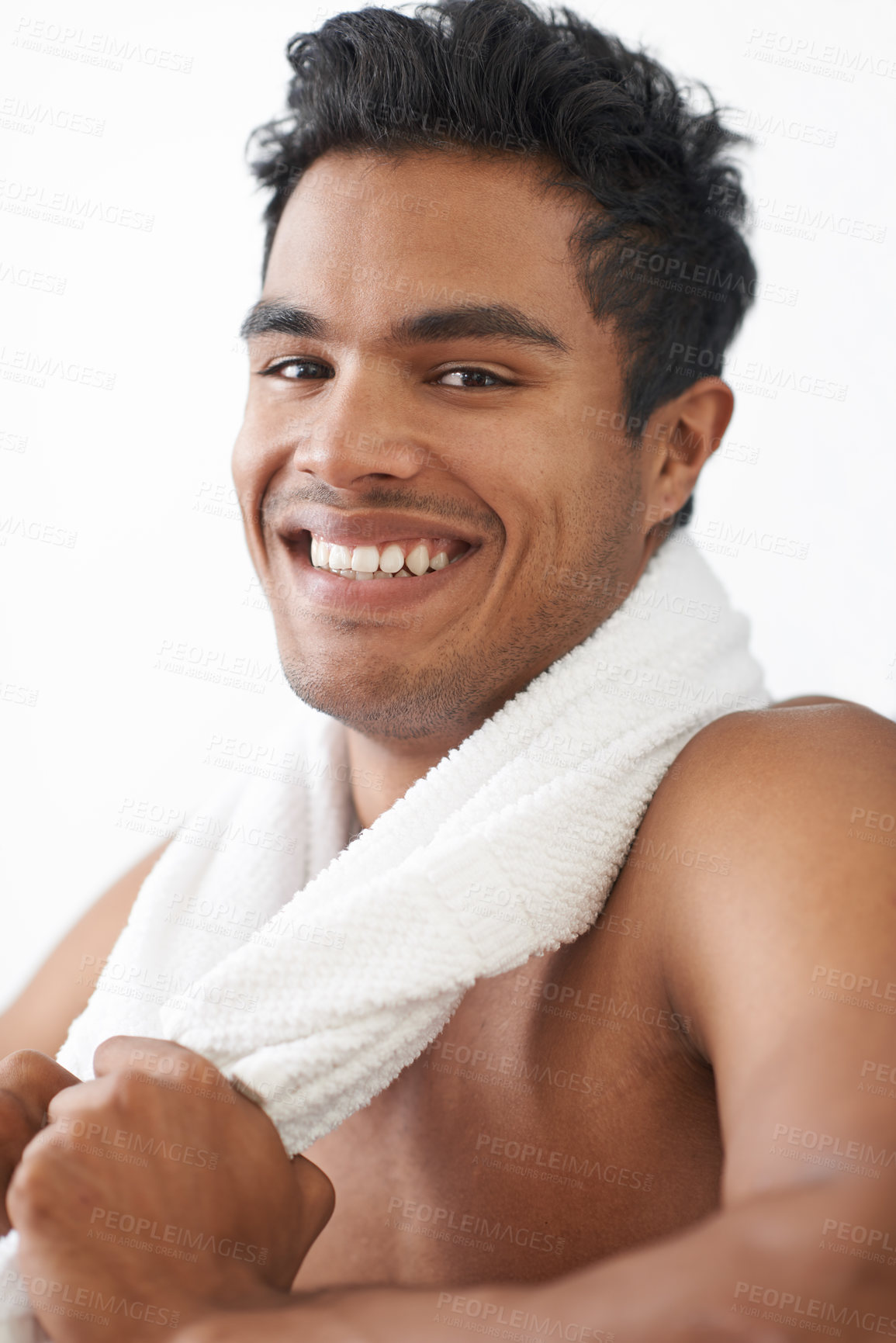 Buy stock photo Smile, fitness and portrait of man with towel in studio for body workout or muscle training. Happy, sports and young male athlete with cloth for health or wellness exercise by white background.