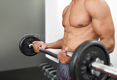 Buy stock photo Man, shirtless and arm weightlifting for workout as bodybuilder for exercise strength, fitness or muscle. Person, athlete and topless with curl bar in Miami for health training, performance or gym