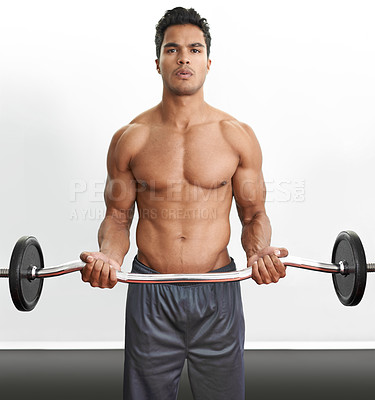 Buy stock photo Man, portrait and curl barbell for workout fitness or arm training for muscle strength, performance or exercise. Bodybuilder, equipment and white background in studio for health, biceps or mockup