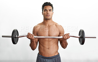 Buy stock photo Man, portrait and barbell for arm workout fitness or curl training for muscle strength, performance or exercise. Bodybuilder, equipment and white background in studio for health, biceps or mockup