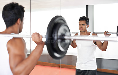 Buy stock photo Man, barbell and weightlifting at mirror for training exercise as bodybuilder for workout strength, wellness or routine. Male person, equipment and reflection in Miami for healthy, biceps or sport