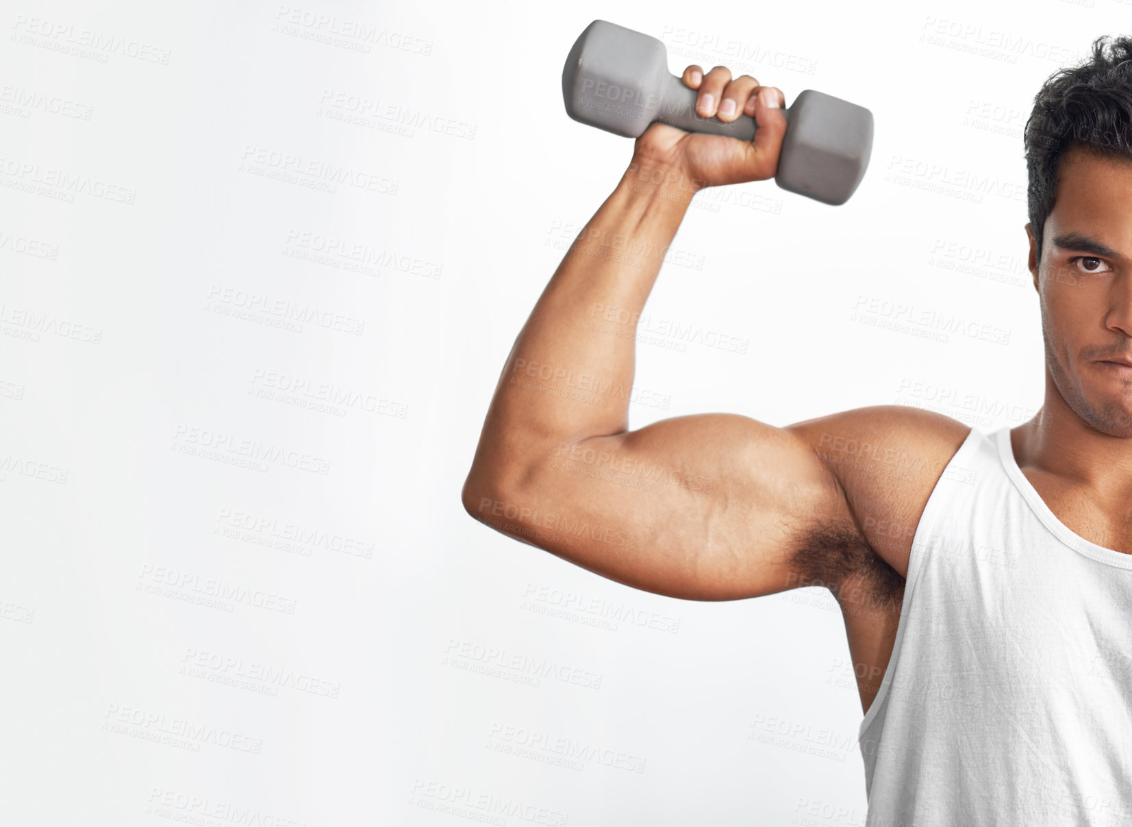 Buy stock photo Gym, mockup and portrait of man with dumbbell in studio for weightlifting, sports or resilience on white background. Half, face or guy bodybuilder with space for power, performance or bicep challenge