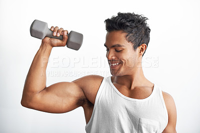 Buy stock photo Gym, fitness and happy man with dumbbell in studio for weightlifting, sports or resilience on white background. Training, face or male bodybuilder with space for power, performance or bicep challenge