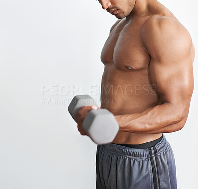Buy stock photo Man, arm and dumbbell curl for gym fitness on white background for muscle strength, challenge or routine. Male person, equipment and bicep for weightlifting in Miami for studio, topless or mockup