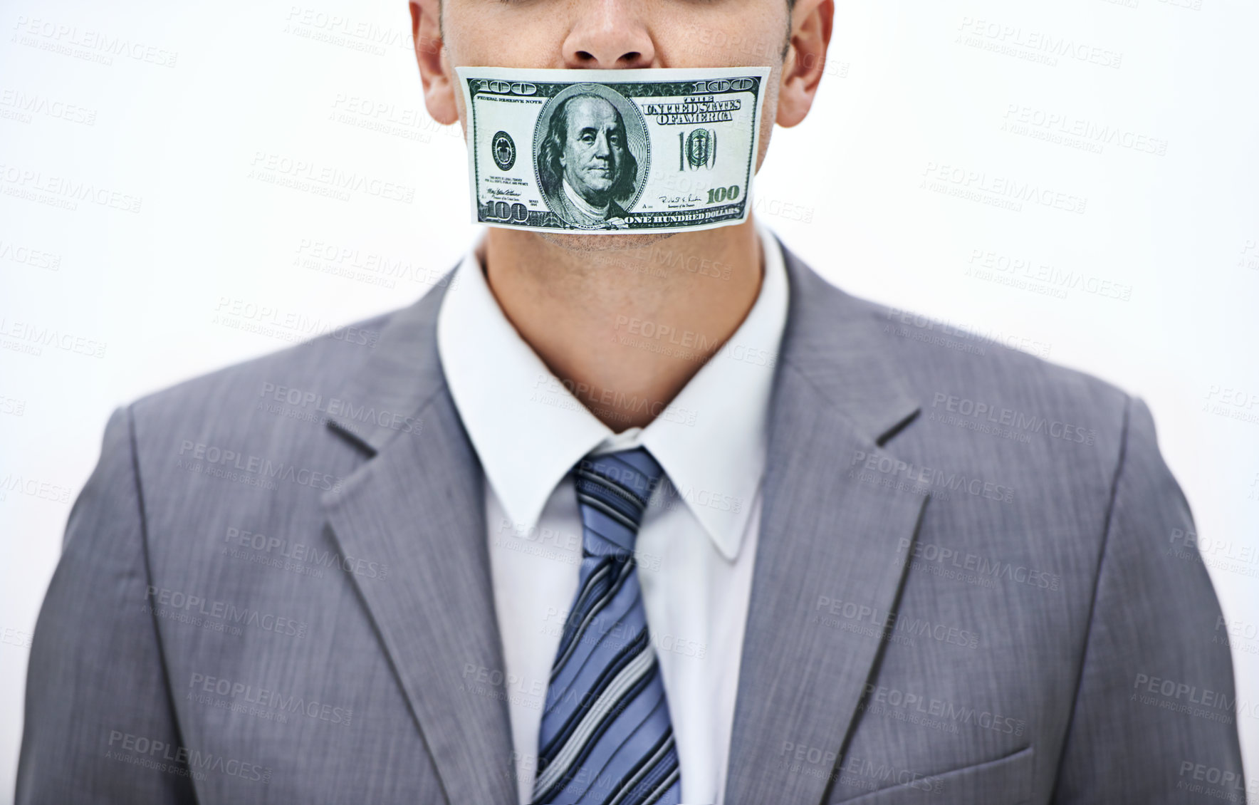Buy stock photo Business man, money and mouth for silence, bribe or corruption with suit in studio by white background. Person, cash and quiet for corporate crime with fraud, finance or illegal payment at job in USA