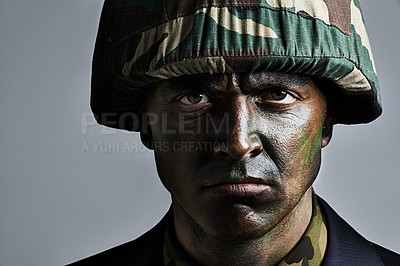 Buy stock photo Man, portrait and soldier with camouflage for military war or battle on a gray studio background. Closeup of male person, army or commander with face paint or helmet in undercover disguise on mockup