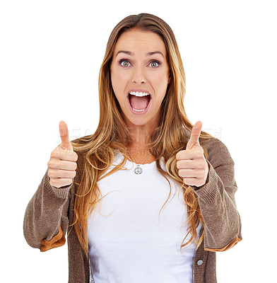 Buy stock photo Wow, thumbs up and portrait of woman isolated on a white background with surprise, winning and like hands sign. Winner success, excited person or model in yes, okay or congratulations emoji in studio