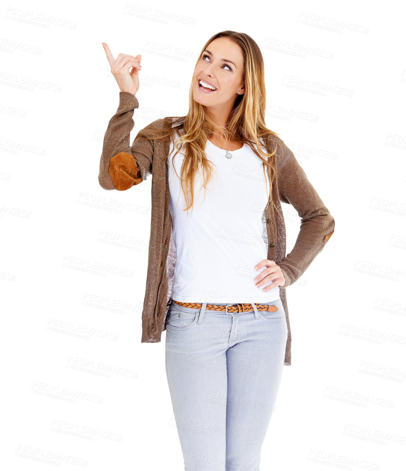 Buy stock photo Woman, pointing finger and announcement in studio or discount recommendation or opportunity, presentation or white background. Female person, hand gesture and mockup or show promo, decision or choice