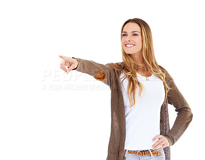 Buy stock photo Woman, pointing finger and recommendation in studio or review announcement or opportunity, presentation or white background. Female person, hand gesture and mockup or show promo, decision or choice