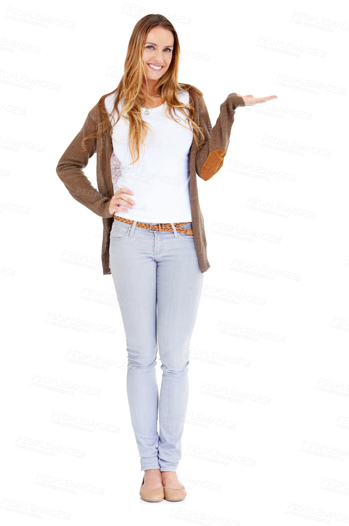 Buy stock photo Woman, portrait and hand gesture for presentation in studio or announcement mockup space, opportunity or white background. Female person, face and palm for review or promo choice, decision or opinion