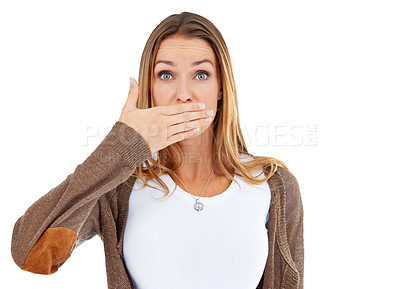 Buy stock photo Studio, portrait and woman with fashion, shocked and white background with silence. Model, wow and secret with mistake, failure or panic for emotional stress or surprise and hand for announcement