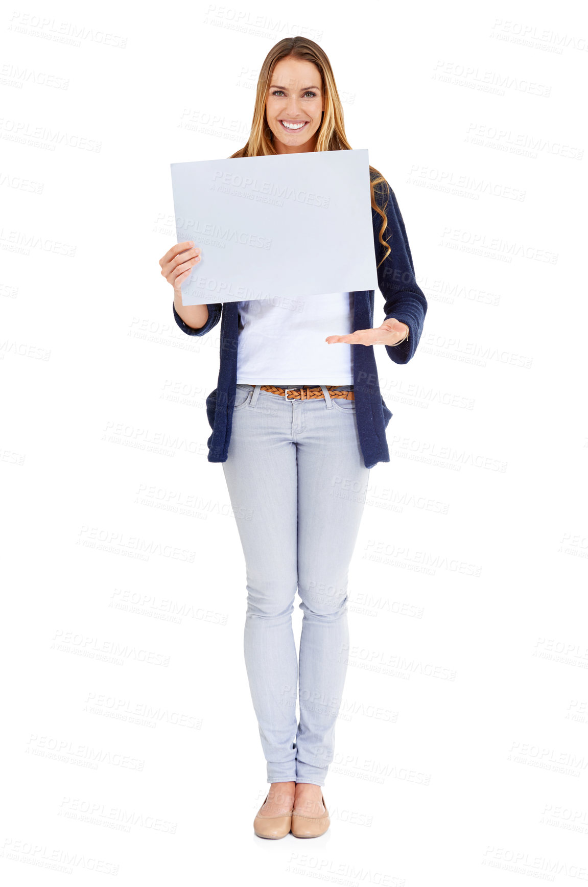 Buy stock photo Studio, blank poster and portrait of woman with smile for deal, promo or happy news mockup. Signage, offer and excited girl with sign announcement, discount or info on cardboard with white background