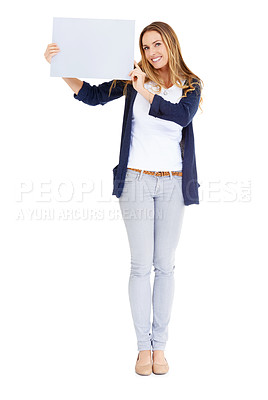 Buy stock photo Presentation, blank poster and portrait of woman in studio for deal, promo or happy news mockup. Signage, offer and girl with announcement on sign, opinion or info on cardboard with white background.
