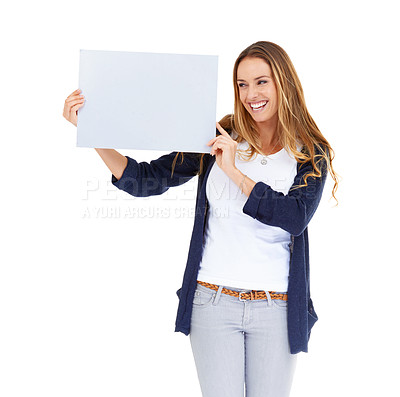 Buy stock photo Poster space, presentation and happy woman isolated on a white background for creative promotion and mockup. Casual person with board, empty paper or sign for announcement, news and mock up in studio