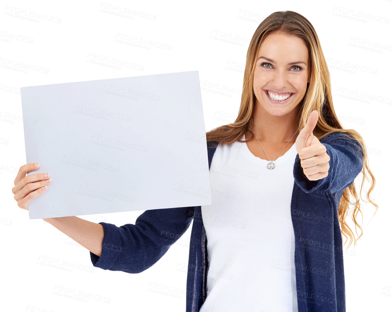 Buy stock photo Poster, thumbs up and woman portrait isolated on white background in presentation or promotion mockup space. Happy person or winner with yes, success or winning hand sign and paper or board in studio