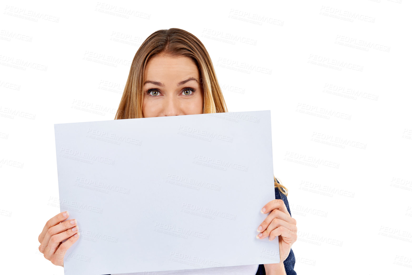 Buy stock photo Studio, blank sign and portrait of woman in presentation for deal, promo or happy news mockup. Signage space, offer and girl with announcement, discount or info on cardboard with white background.