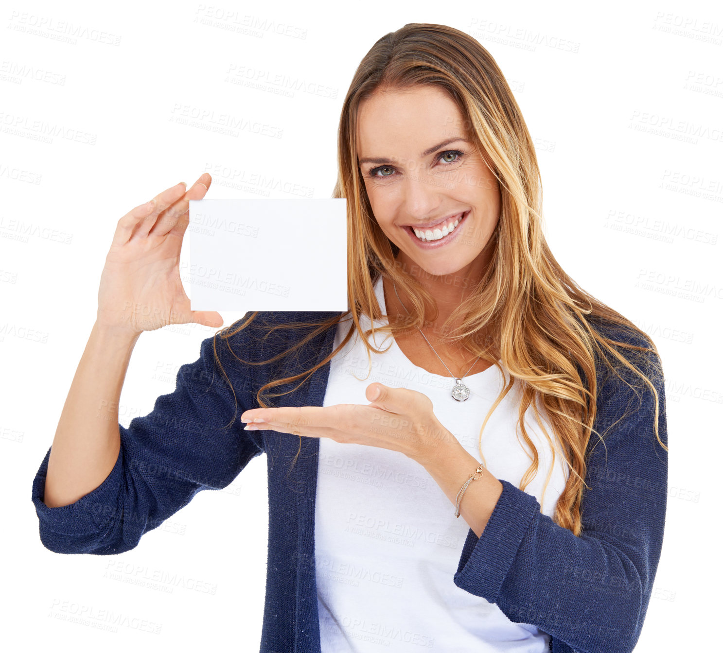 Buy stock photo Woman, portrait and business card presentation isolated on a white background, contact information and mockup. Happy entrepreneur or person show paper mock up, contact information or sign in studio