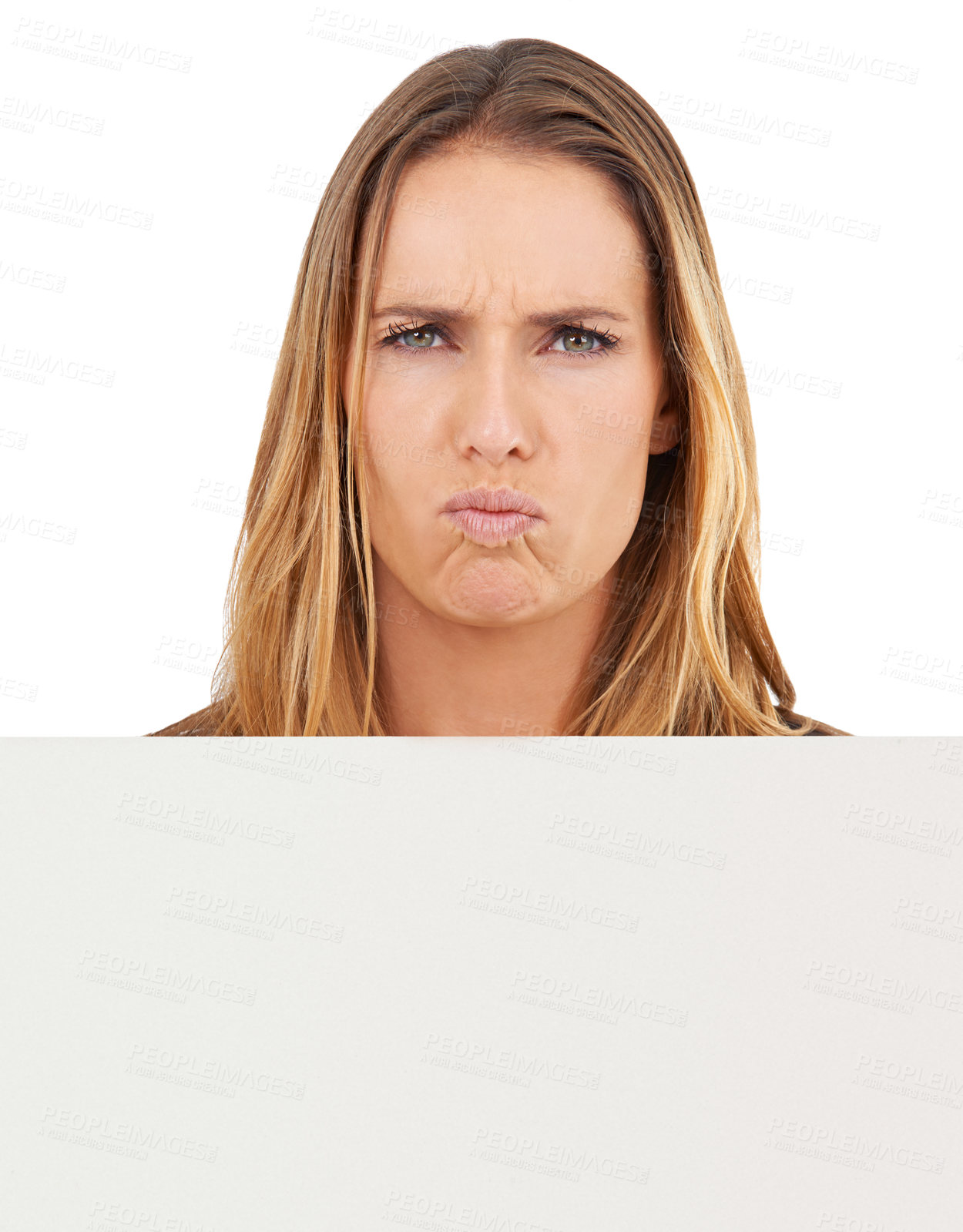 Buy stock photo Woman, studio and portrait for advertising, confused and poster with advertisements and unhappy face. Female person, sign and white background for marketing, sales and mockup board for promotion  