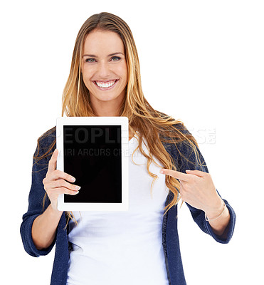 Buy stock photo Woman pointing, tablet mockup and portrait isolated on a white background for website advertising, screen and space. Happy person, model or digital user on technology presentation or app in studio