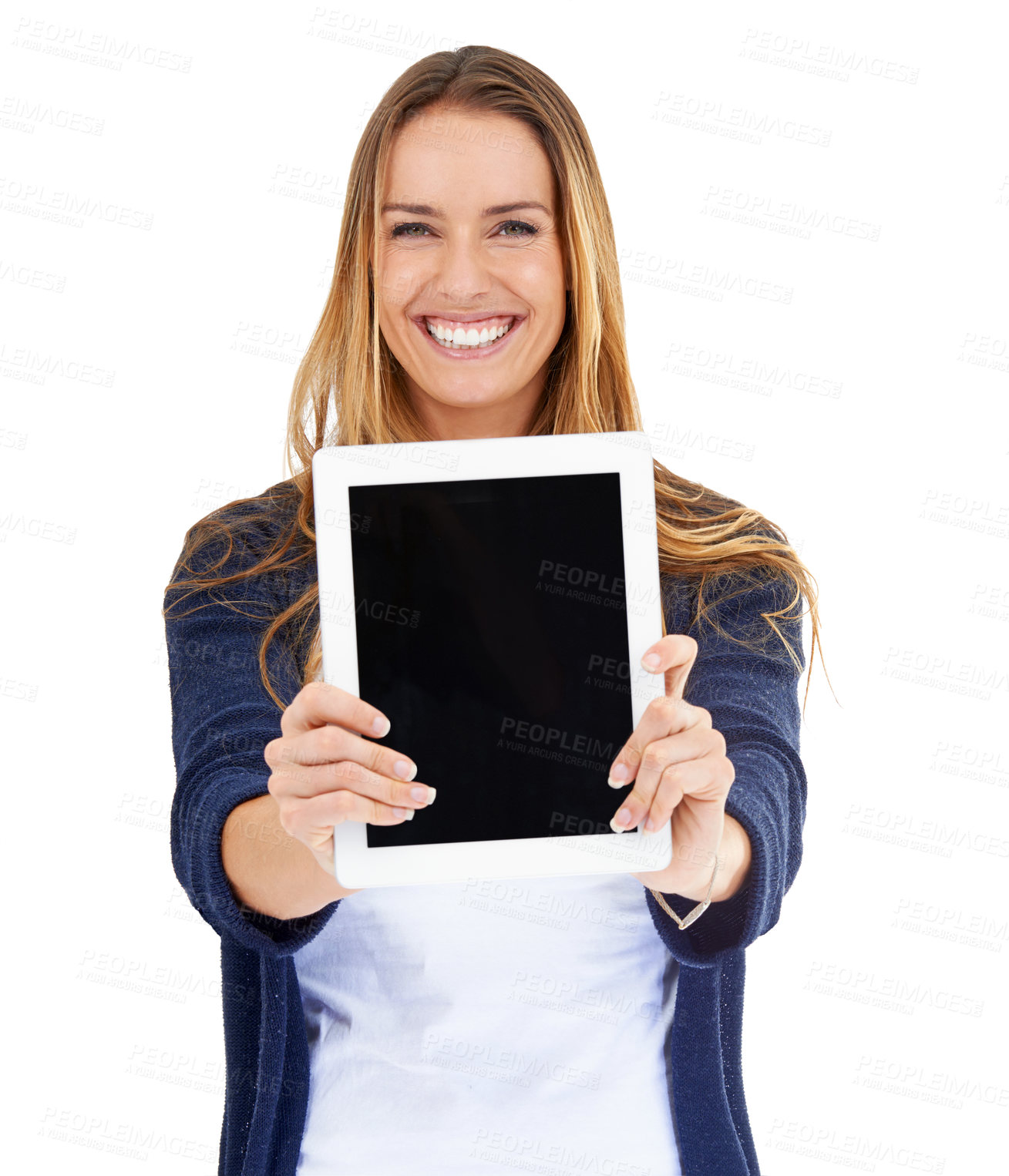 Buy stock photo Tablet, mockup screen and woman in portrait isolated on white background of website design or advertising. Happy person or online user with digital technology, application and mock up space in studio
