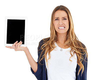 Buy stock photo Portrait, show and woman with tablet screen for mockup, advertising or promotion. Face, angry and person with tech, internet or space on display for social media isolated on a white studio background