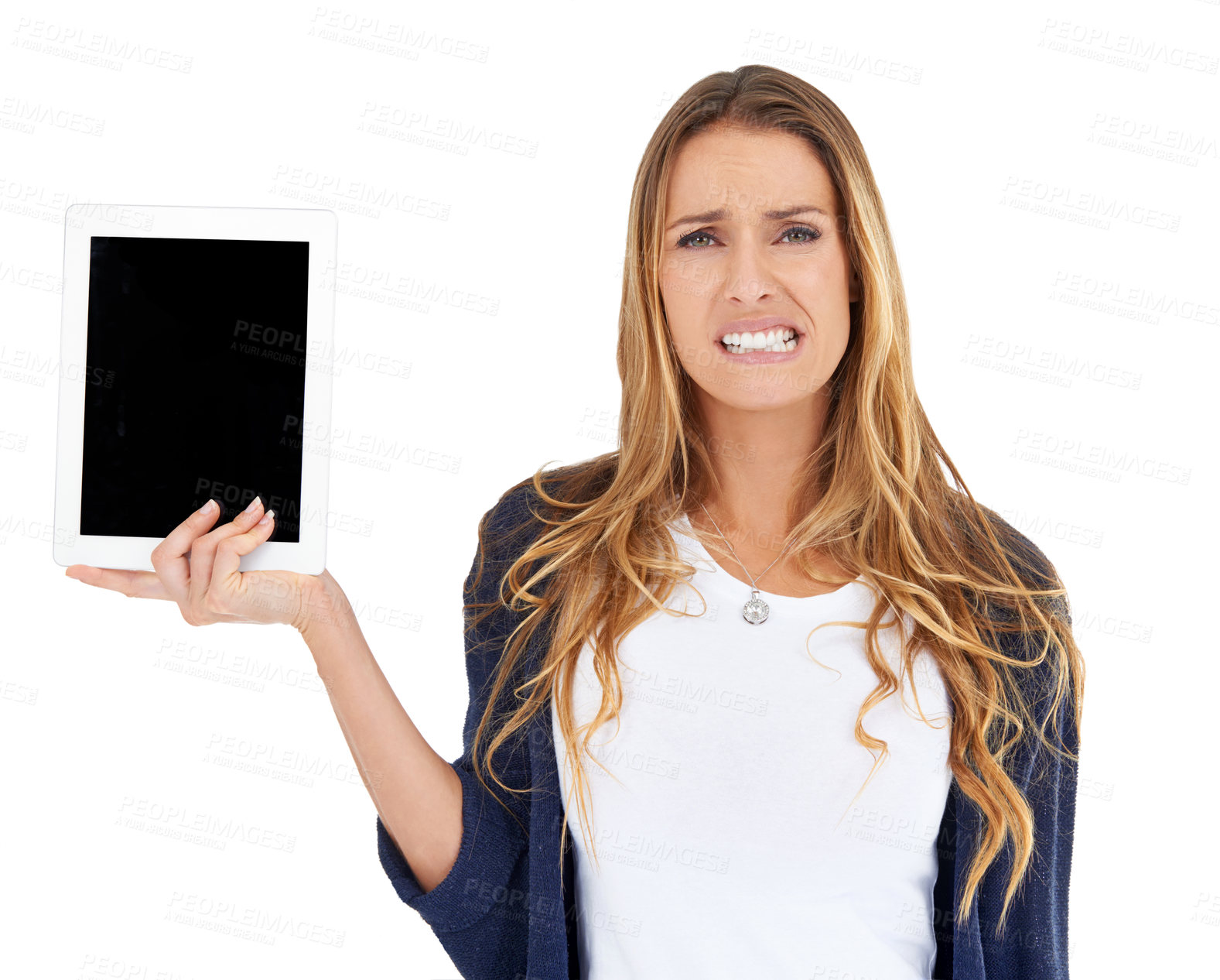 Buy stock photo Portrait, show and woman with tablet screen for mockup, advertising or promotion. Face, angry and person with tech, internet or space on display for social media isolated on a white studio background